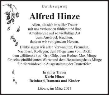 Traueranzeige von Alfred Hinze  von Magdeburger Volksstimme