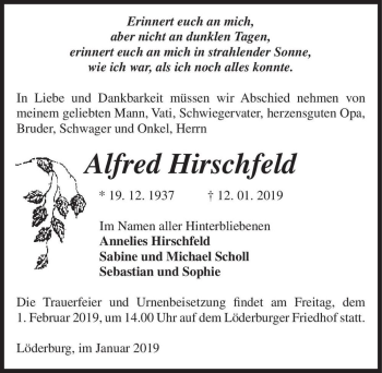 Traueranzeige von Alfred Hirschfeld  von Magdeburger Volksstimme