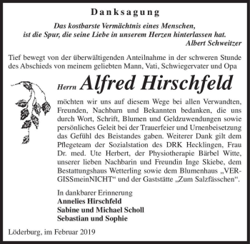 Traueranzeige von Alfred Hirschfeld  von Magdeburger Volksstimme