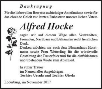 Traueranzeige von Alfred Hocke  von Magdeburger Volksstimme