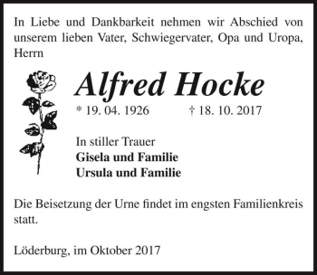 Traueranzeige von Alfred Hocke  von Magdeburger Volksstimme