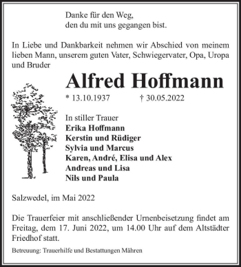 Traueranzeige von Alfred Hoffmann  von Magdeburger Volksstimme