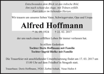 Traueranzeige von Alfred Hoffmann  von Magdeburger Volksstimme