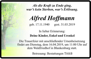 Traueranzeige von Alfred Hoffmann  von Magdeburger Volksstimme