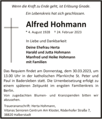 Traueranzeige von Alfred Hohmann  von Magdeburger Volksstimme