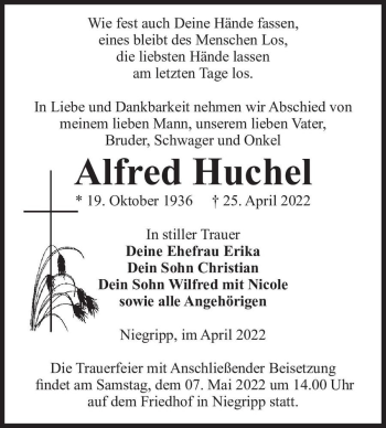 Traueranzeige von Alfred Huchel  von Magdeburger Volksstimme