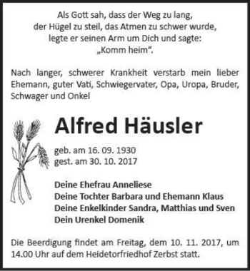 Traueranzeige von Alfred Häusler  von Magdeburger Volksstimme
