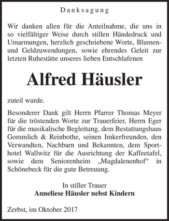 Traueranzeige von Alfred Häusler  von Magdeburger Volksstimme