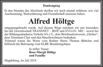 Traueranzeige von Alfred Höltge  von Magdeburger Volksstimme
