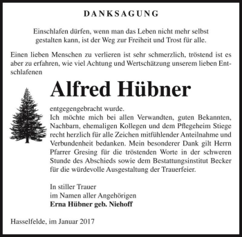 Traueranzeige von Alfred Hübner  von Magdeburger Volksstimme