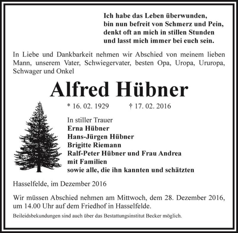  Traueranzeige für Alfred Hübner  vom 23.12.2016 aus Magdeburger Volksstimme