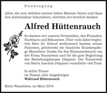 Traueranzeige von Alfred Hüttenrauch  von Magdeburger Volksstimme