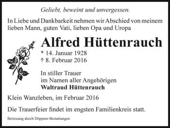 Traueranzeige von Alfred Hüttenrauch  von Magdeburger Volksstimme