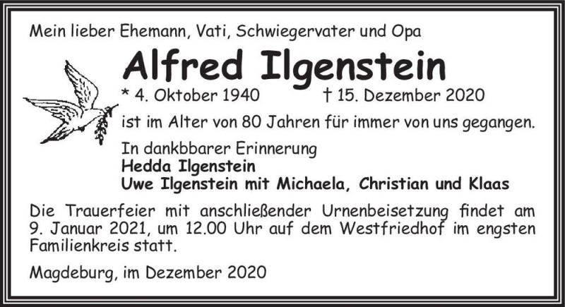  Traueranzeige für Alfred Ilgenstein  vom 19.12.2020 aus Magdeburger Volksstimme