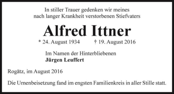 Traueranzeige von Alfred Ittner  von Magdeburger Volksstimme