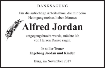 Traueranzeige von Alfred Jordan  von Magdeburger Volksstimme