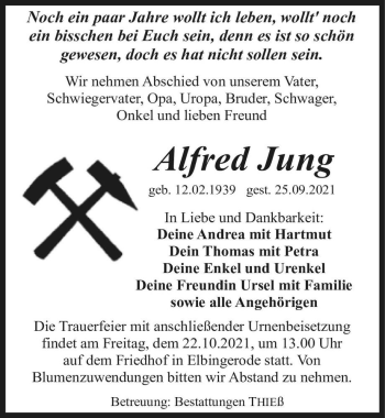 Traueranzeige von Alfred Jung  von Magdeburger Volksstimme