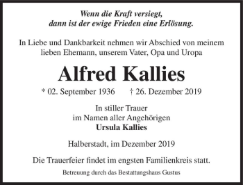 Traueranzeige von Alfred Kallies  von Magdeburger Volksstimme