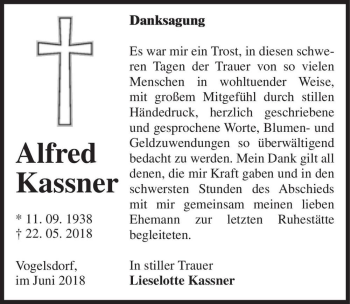 Traueranzeige von Alfred Kassner  von Magdeburger Volksstimme