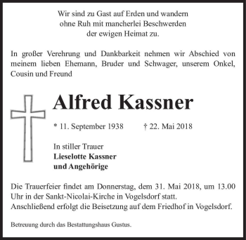 Traueranzeige von Alfred Kassner  von Magdeburger Volksstimme