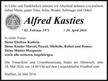 Traueranzeige von Alfred Kasties  von Magdeburger Volksstimme