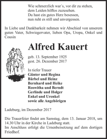 Traueranzeige von Alfred Kauert  von Magdeburger Volksstimme