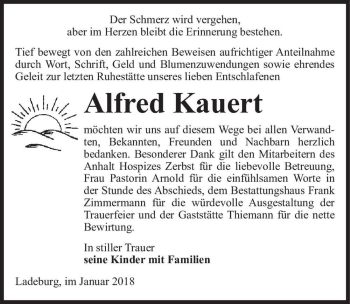 Traueranzeige von Alfred Kauert  von Magdeburger Volksstimme