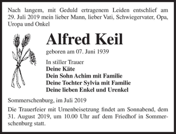 Traueranzeige von Alfred Keil  von Magdeburger Volksstimme