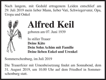 Traueranzeige von Alfred Keil  von Magdeburger Volksstimme