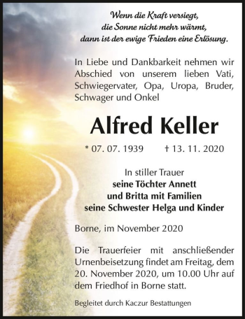 Traueranzeige von Alfred Keller  von Magdeburger Volksstimme