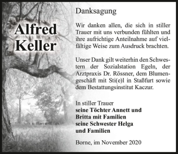 Traueranzeige von Alfred Keller  von Magdeburger Volksstimme