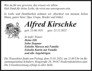 Traueranzeige von Alfred Kirschke  von Magdeburger Volksstimme