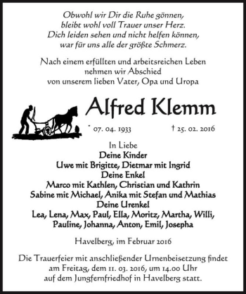 Traueranzeige von Alfred Klemm  von Magdeburger Volksstimme