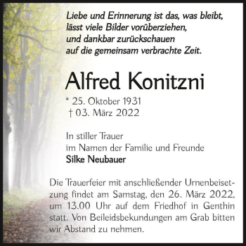 Traueranzeige von Alfred Konitzni  von Magdeburger Volksstimme