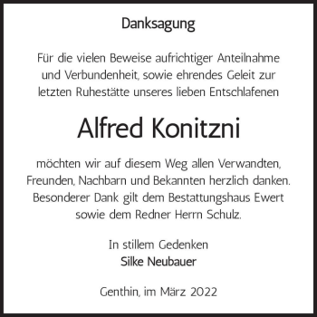 Traueranzeige von Alfred Konitzni  von Magdeburger Volksstimme