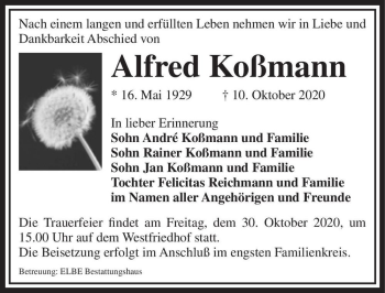 Traueranzeige von Alfred Koßmann  von Magdeburger Volksstimme
