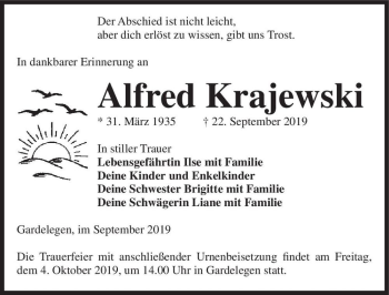 Traueranzeige von Alfred Krajewski  von Magdeburger Volksstimme