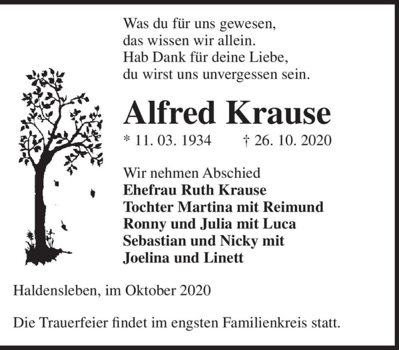  Traueranzeige für Alfred Krause  vom 30.10.2020 aus Magdeburger Volksstimme