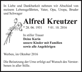 Traueranzeige von Alfred Kreutzer  von Magdeburger Volksstimme