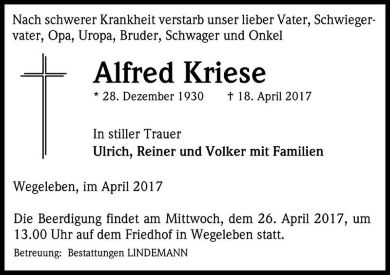  Traueranzeige für Alfred Kriese  vom 22.04.2017 aus Magdeburger Volksstimme