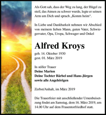 Traueranzeige von Alfred Kroys  von Magdeburger Volksstimme