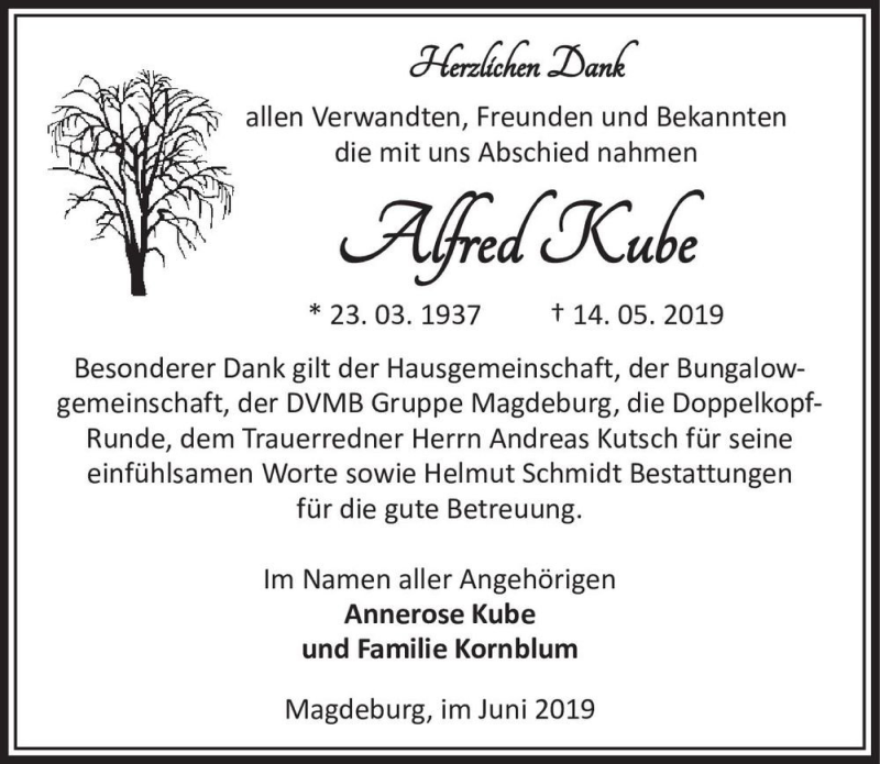  Traueranzeige für Alfred Kube  vom 15.06.2019 aus Magdeburger Volksstimme
