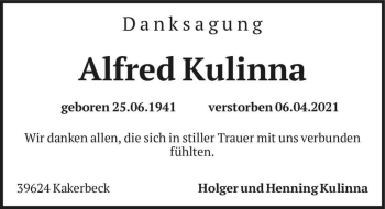 Traueranzeige von Alfred Kulinna  von Magdeburger Volksstimme