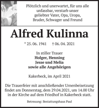 Traueranzeige von Alfred Kulinna  von Magdeburger Volksstimme