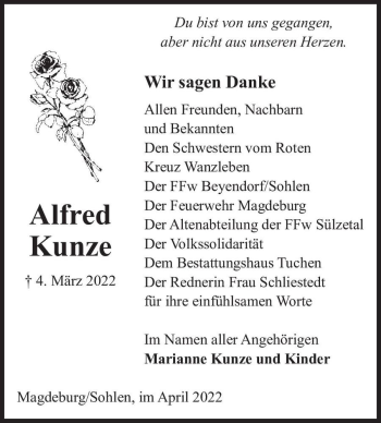 Traueranzeige von Alfred Kunze  von Magdeburger Volksstimme