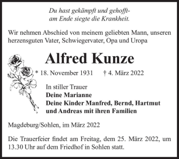 Traueranzeige von Alfred Kunze  von Magdeburger Volksstimme