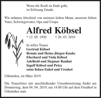 Traueranzeige von Alfred Köbsel  von Magdeburger Volksstimme