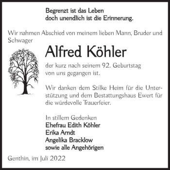 Traueranzeige von Alfred Köhler  von Magdeburger Volksstimme
