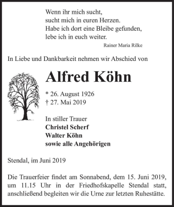 Traueranzeige von Alfred Köhn  von Magdeburger Volksstimme