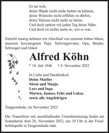 Traueranzeige von Alfred Köhn  von Magdeburger Volksstimme